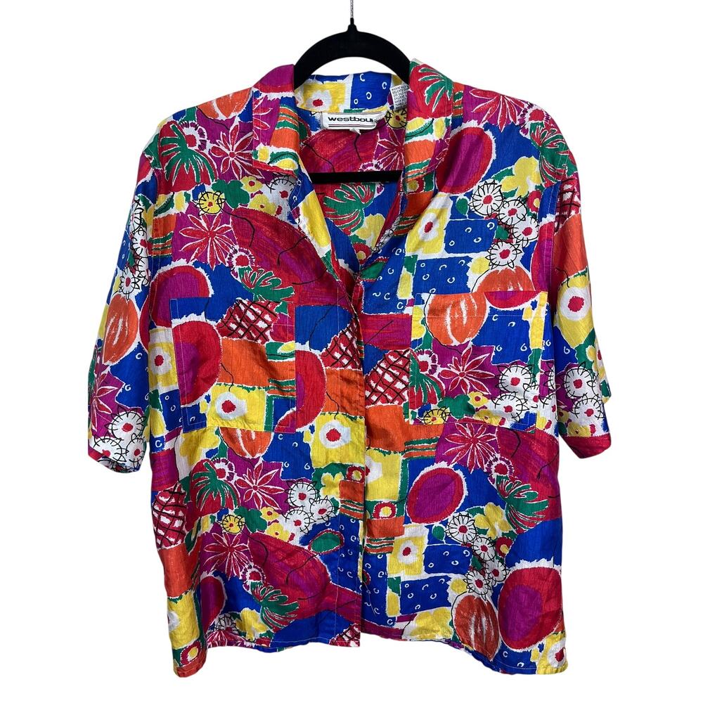 Westbound Multicolor Geometric Floral Short Sleeve Button Front Shirt Women’s 14